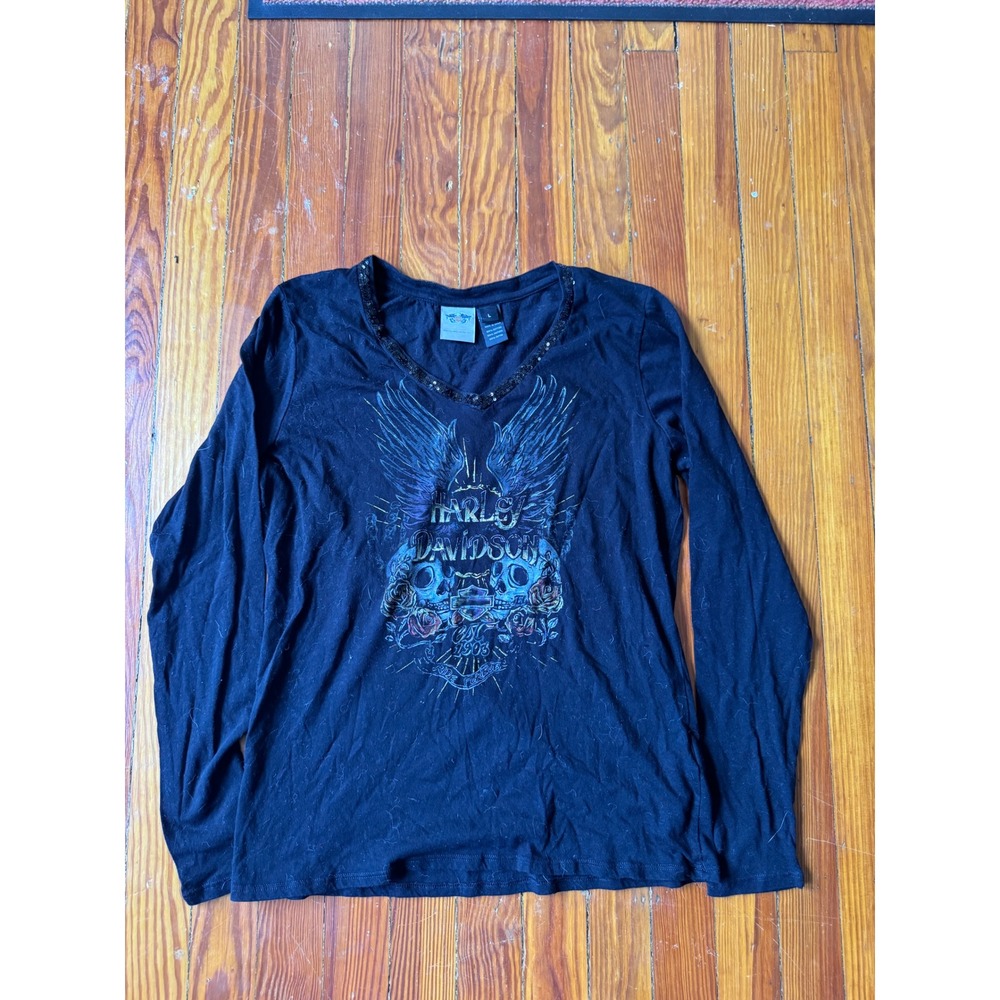 Harley Davidson Long Sleeve Graphic Tee Willie G Skull V-Neck Black Sequin Large